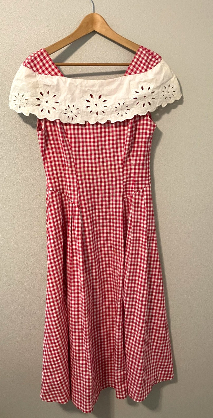 VTG Sarah Elizabeth Dress Womens 8 Red Gingham Eyelet Picnic Cottagecore READ